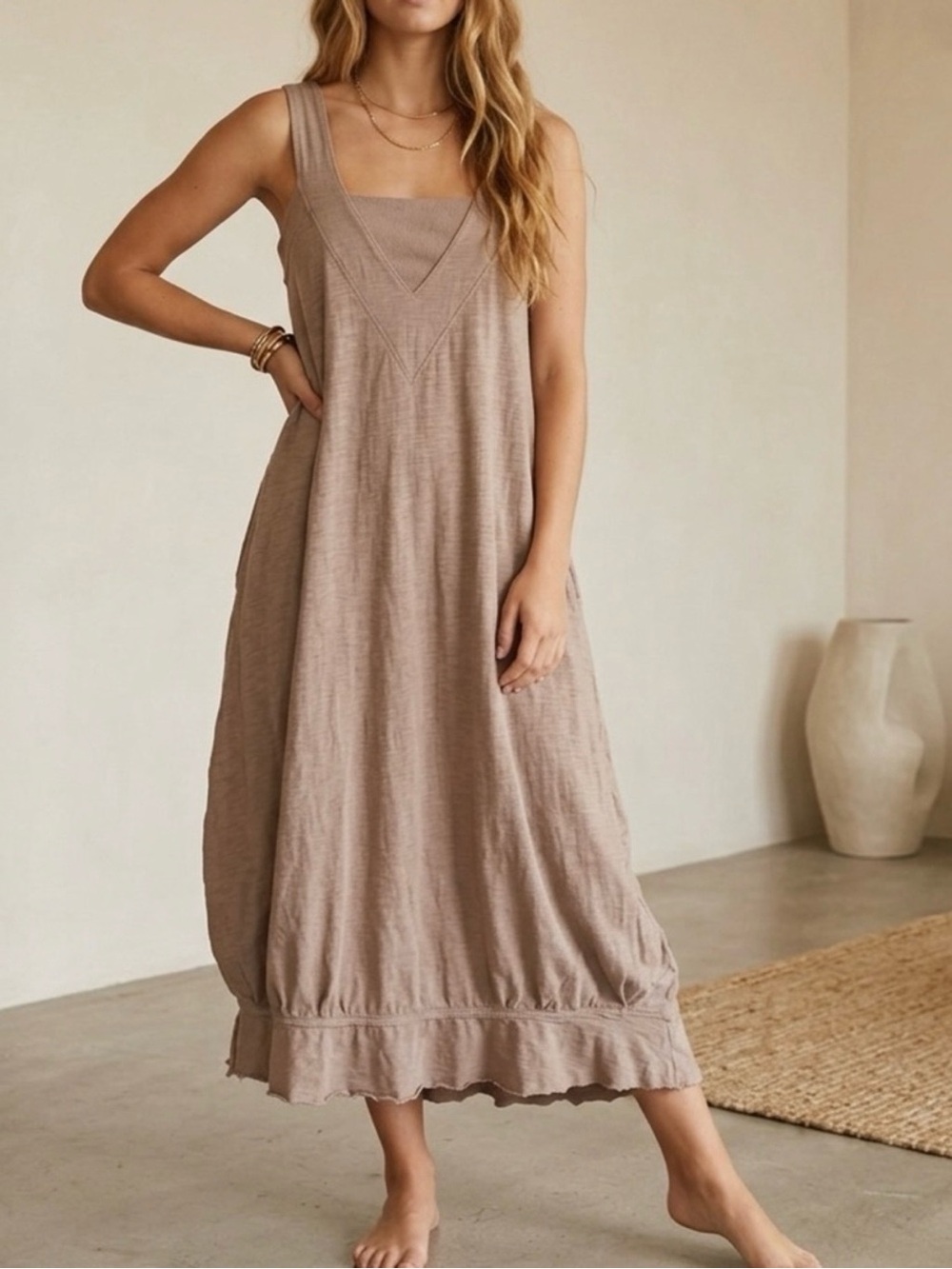 The Earth Collection Midi Tank Dress Tan/Clay Square Neckline Cotton Shift Small